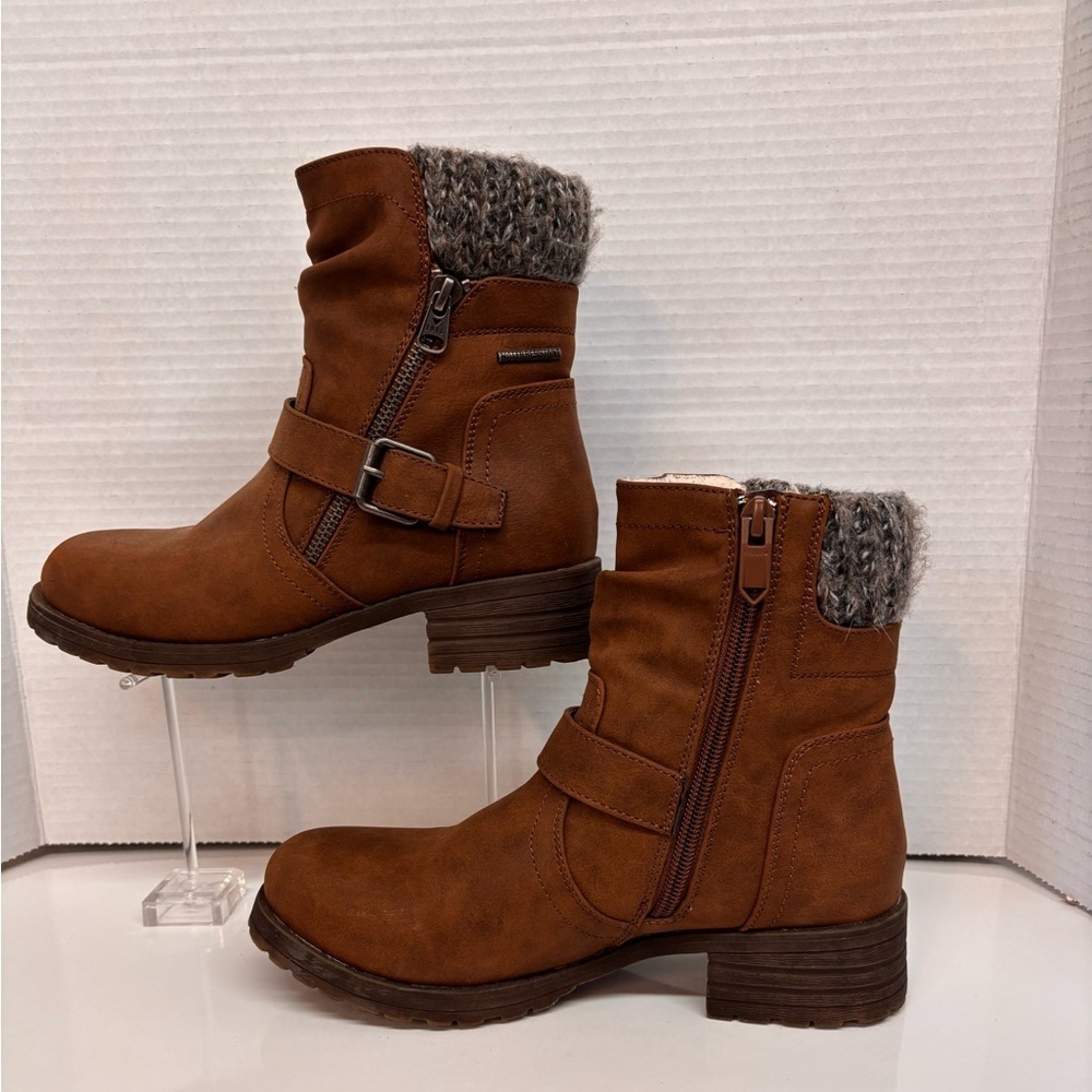 Yellow Brown Knit Cuff Buckle Combat Ankle Boots - Picture 2 of 10